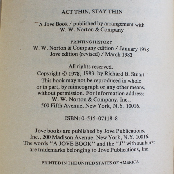 Act Thin Stay Thin by Richard B Stuart 1983 Paperback