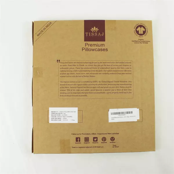 Tissaj 500 Thread Count King Pillow Cases Organic Cotton Smoke Grey Stripes NWT