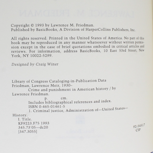 Crime And Punishment In American History HC, 1993 Dust Jacket