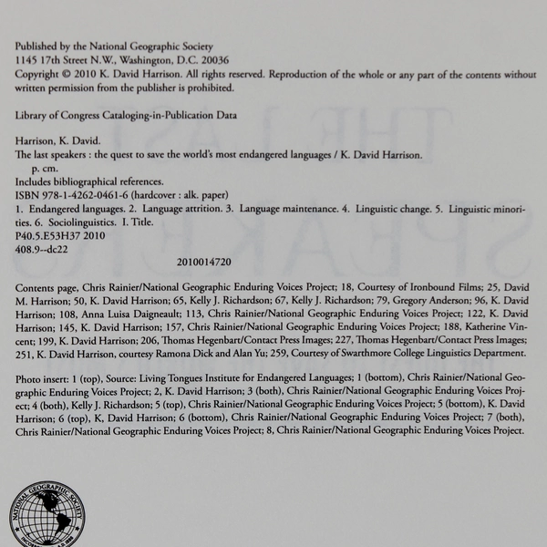 The Last Speakers By K. David Harrison Saving Endangered Languages 2010 HC DJ