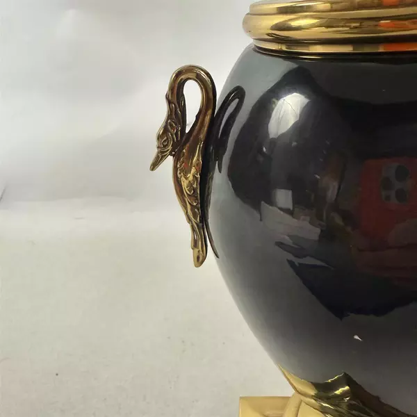 Vintage French Empire Style Black Resin Brass Swan Handle Accent Lamp