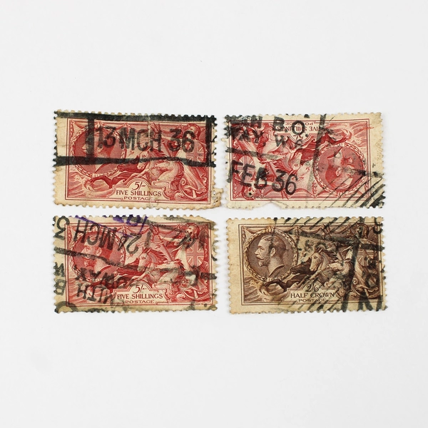Lot Of 4 Great Britain King George V 5 Shilling Half Crown Seahorse Stamps Used