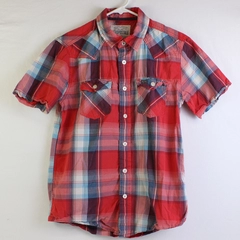 Aeropostale Men's S Red Plaid Short Sleeve Button Up Collared Shirt
