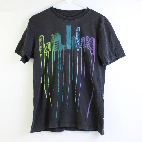 Anchor Blue Men's S Black and Rainbow City Scape Graphic Short Sleeve T-shirt 