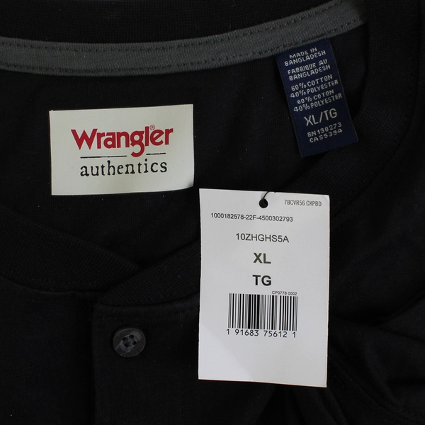 NWT Wrangler Solid Black Short-Sleeve Henley Shirt Men's Size XL