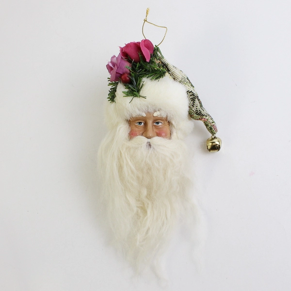 Vintage Santa Head Ornament Fabric Hat Long Beard