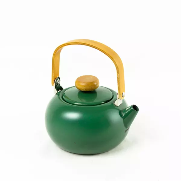 Vintage Green Enamel Teapot Kettle w/ Wooden Handle 8in