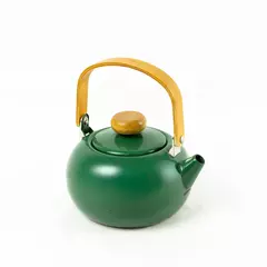 Vintage Green Enamel Teapot Kettle w/ Wooden Handle 8in