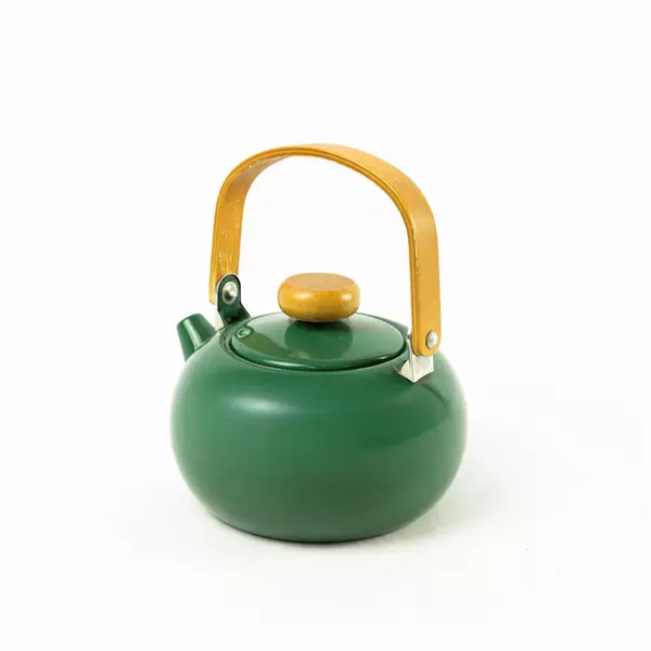 Vintage Green Enamel Teapot Kettle w/ Wooden Handle 8in