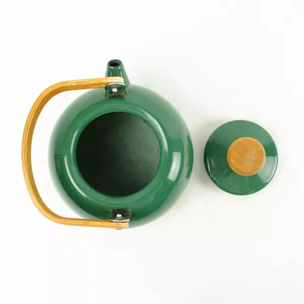Vintage Green Enamel Teapot Kettle w/ Wooden Handle 8in