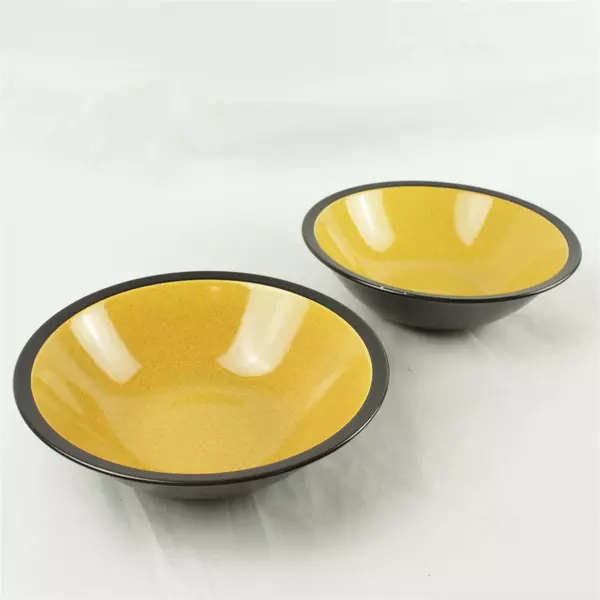 Set of 2 Mikasa Terra Stone Saffron 9.25" Bowls Yellow Speckled Brown Rim