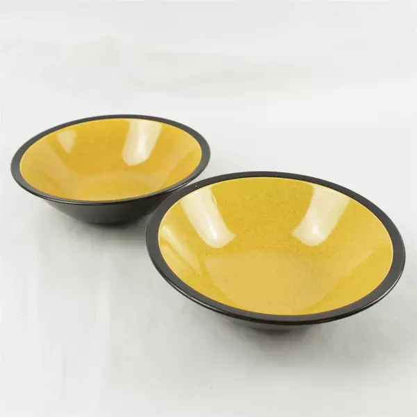 Set of 2 Mikasa Terra Stone Saffron 9.25" Bowls Yellow Speckled Brown Rim