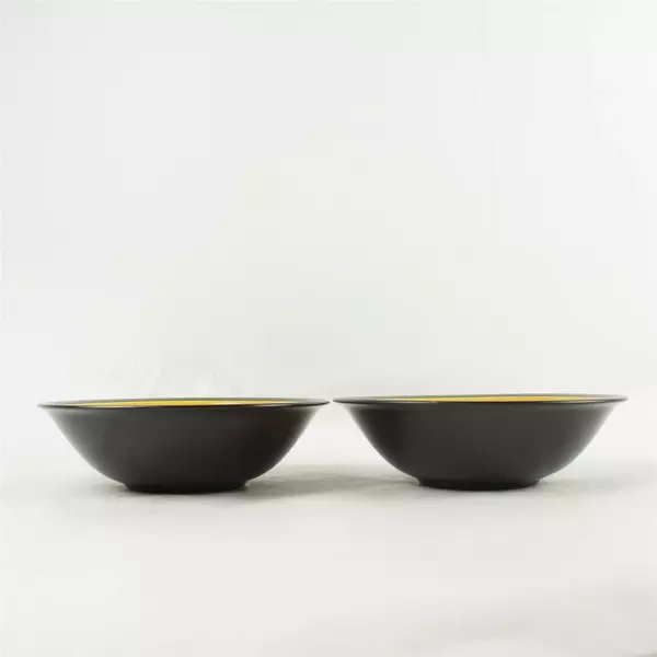 Set of 2 Mikasa Terra Stone Saffron 9.25" Bowls Yellow Speckled Brown Rim