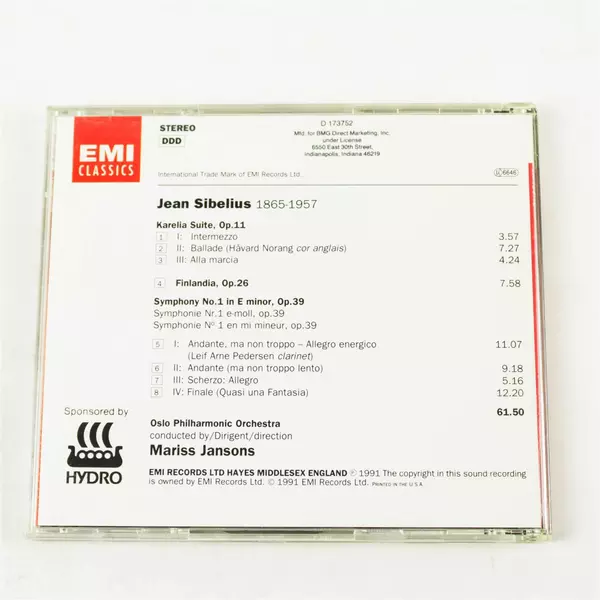 Sibelius Symphony No.1 Karelia Suite Finlandia Oslo Phil, Jansons CD EMI