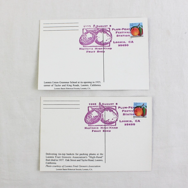 Set Of 2 Loomis California Postcards 1995 Prune Peach Festival Station Postmark