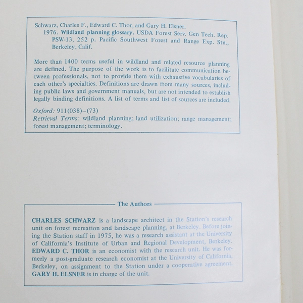 Wildland Planning Glossary Charles F Schwarz Edward C Thor Gary H Elsner 1976 PB
