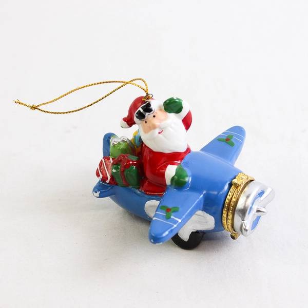 Ceramic Santa Hanging Ornament/Opening Trinket Box in Blue Airplane with Gifts