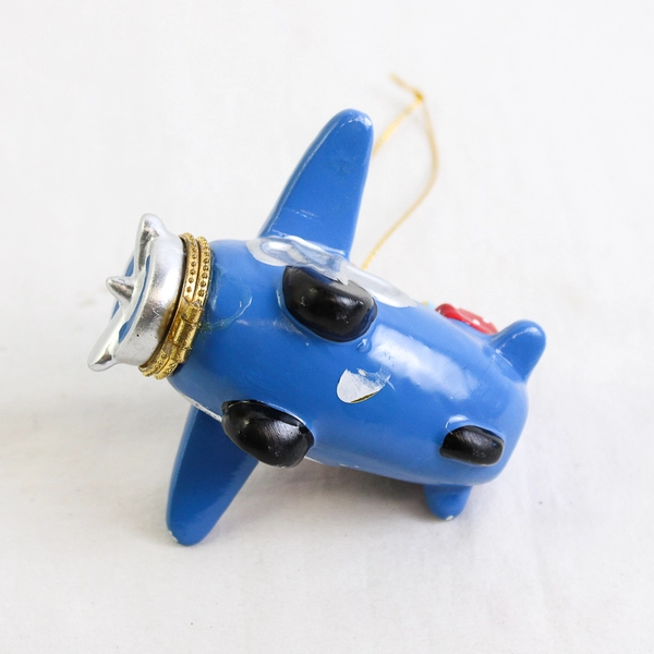 Ceramic Santa Hanging Ornament/Opening Trinket Box in Blue Airplane with Gifts