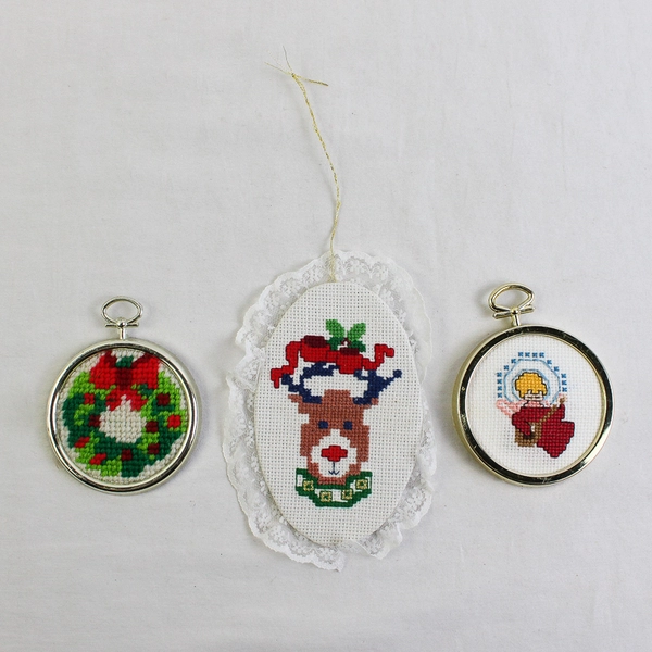 Lot of 3 Vintage Christmas Cross Stitch Wall Hangings Angel Wreath Reindeer