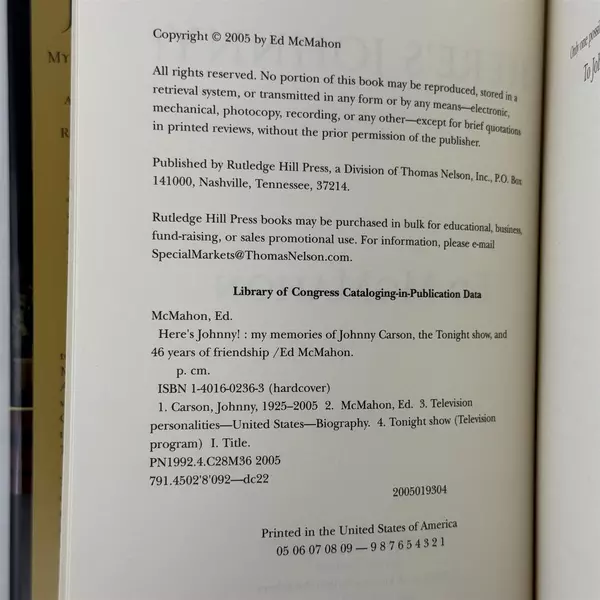 Here's Johnny! My Memories of Johnny Carson by Ed McMahon 2005, Hardcover