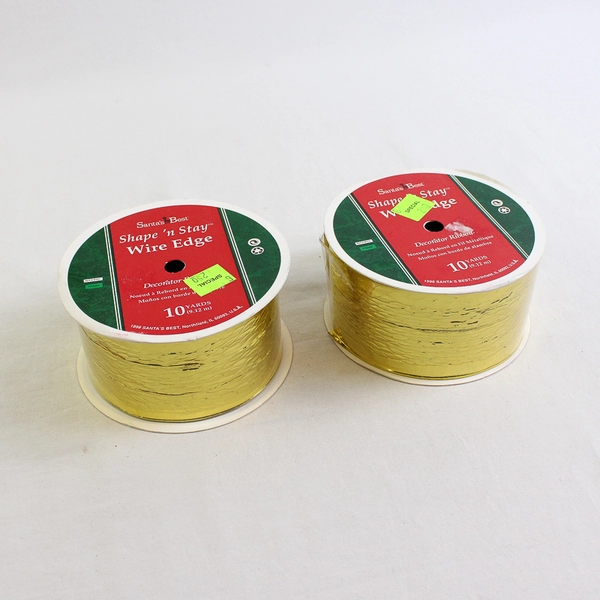 Lot of 2 Santa’s Best Shape 'n Stay Gold Ribbon Wire Edge 10yds New #7841-02
