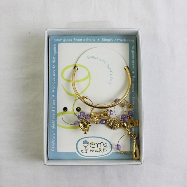 Box of 6 Whimsical ID Wine Glass Charms on Rings Gem Ware New