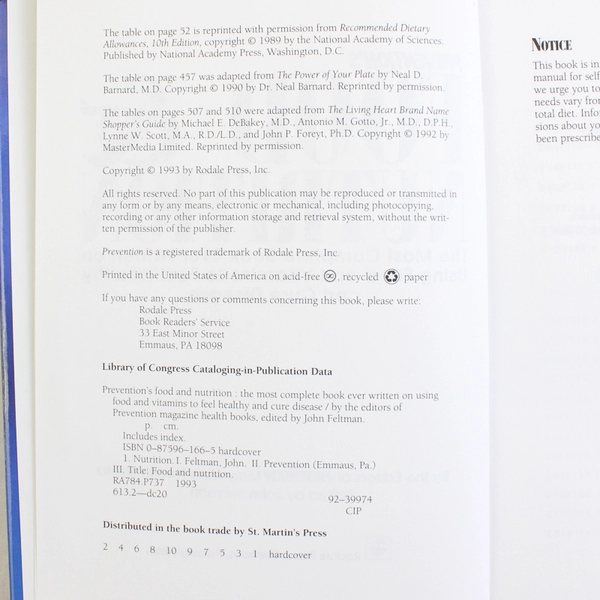 Prevention's Food & Nutrition Prevention Magazine Health Books 1993 Hardcover