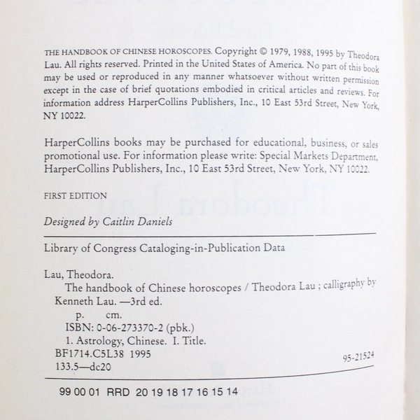 The Handbook of Chinese Horoscopes Theodora Lau 3rd Edition 1995 Paperback Good