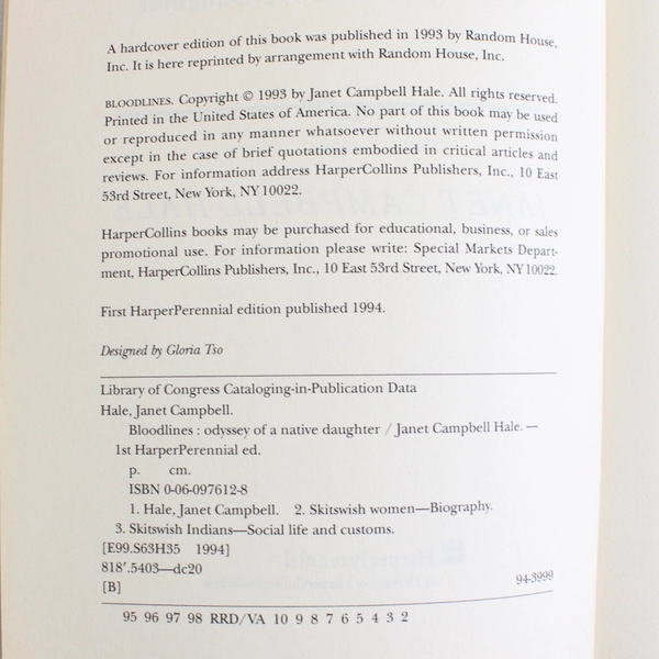 Bloodlines Odyssey of A Native Daughter by Janet Hale 1994 Paperback Good