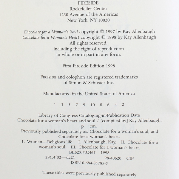 Chocolate for a Woman's Heart & Soul by Kay Allenbaugh & Mixed Authors 1998 HC