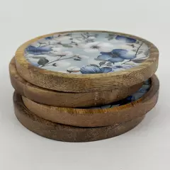Set of 4 Wood And Enamel Coasters With Blue And White Flowers