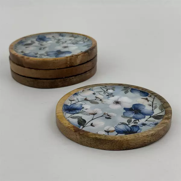 Set of 4 Wood And Enamel Coasters With Blue And White Flowers