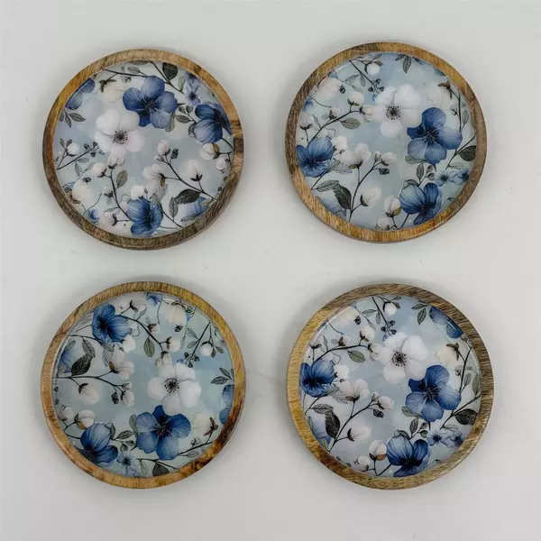 Set of 4 Wood And Enamel Coasters With Blue And White Flowers