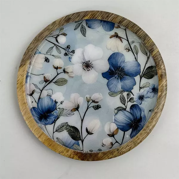 Set of 4 Wood And Enamel Coasters With Blue And White Flowers