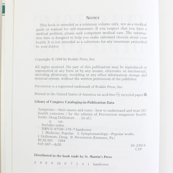 Symptoms Their Causes & Cures From Prevention Magazine Health Books 1994 HC