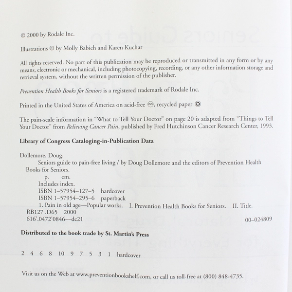 Seniors Guide to Pain-Free Living Prevention Health Books for Seniors 2000 HC