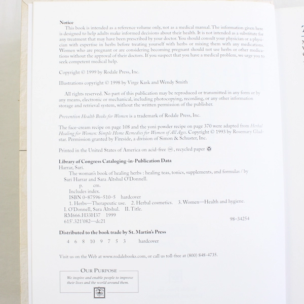 The Woman's Book of Healing Herbs Sari Harrar Sara O'Donnell 1999 Hardcover DJ