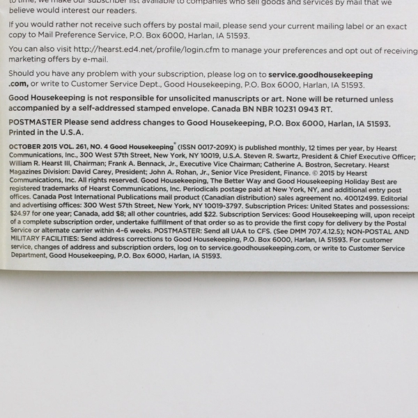 Good Housekeeping Magazine October 2015 Featuring Delicious Harvest Ideas