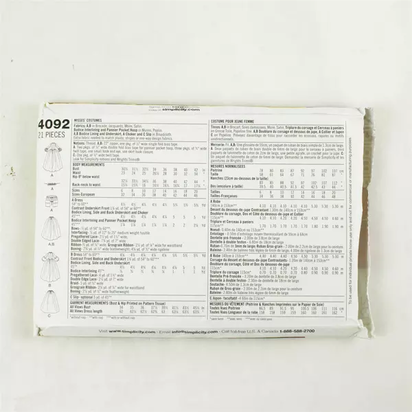 Simplicity Andrea Schewe 4092 Costumes For Adults Womens Size HH (6, 8, 10, 12)