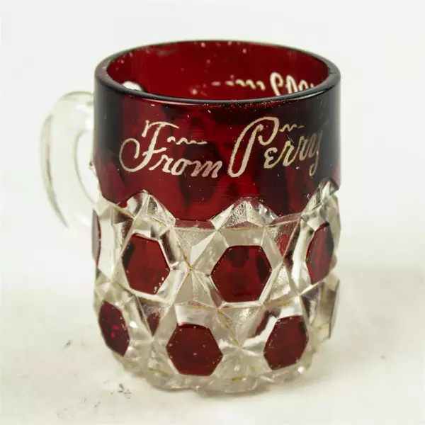 Vintage EAPG Souvenir Clear Glass Mug with Handle in Red Block Pattern