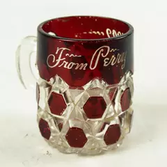 Vintage EAPG Souvenir Clear Glass Mug with Handle in Red Block Pattern