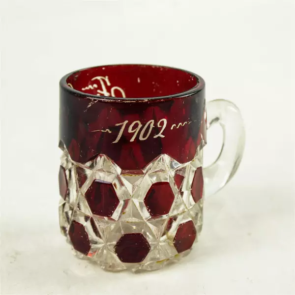 Vintage EAPG Souvenir Clear Glass Mug with Handle in Red Block Pattern