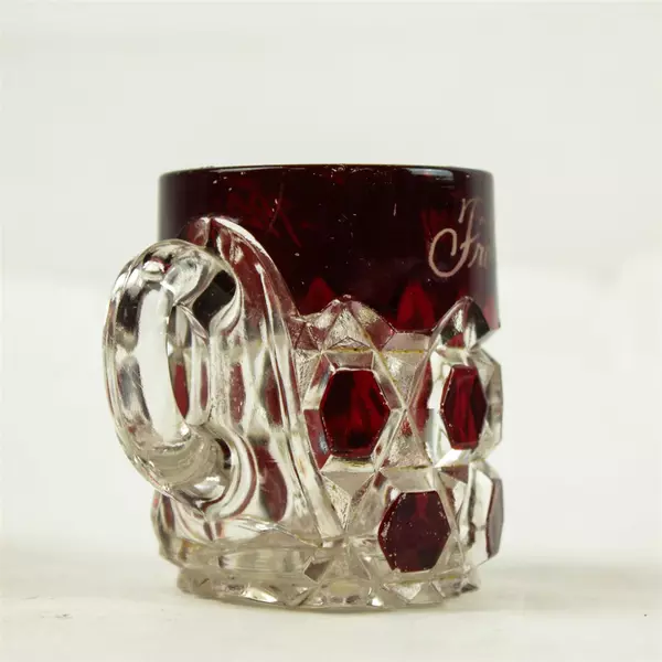 Vintage EAPG Souvenir Clear Glass Mug with Handle in Red Block Pattern