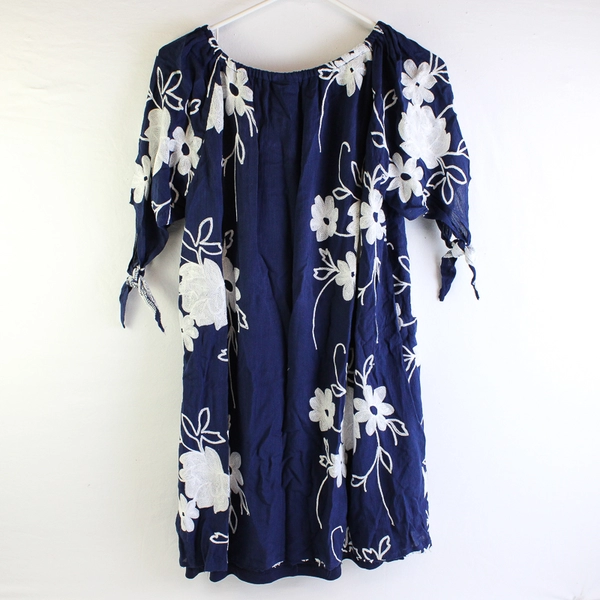 Simply Irresistible White Floral Embroidered Navy Blue Shift Dress Women's Small