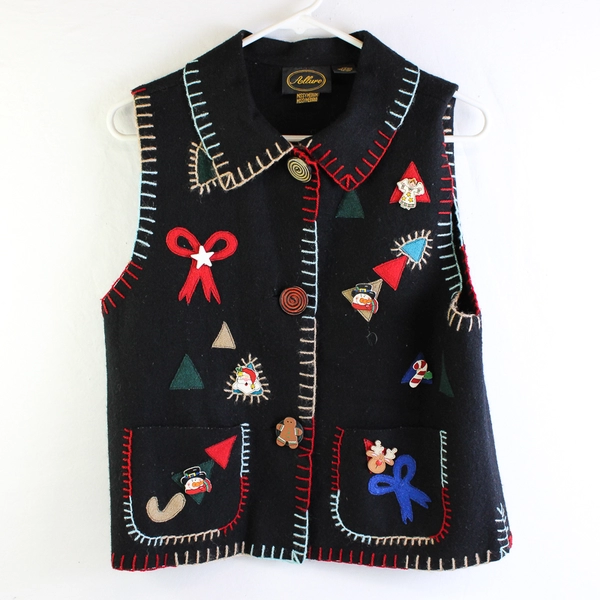 Vintage Allure Felt Applique Christmas Wool Button-Up Vest Women's Size Medium