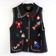 Vintage Allure Felt Applique Christmas Wool Button-Up Vest Women's Size Medium