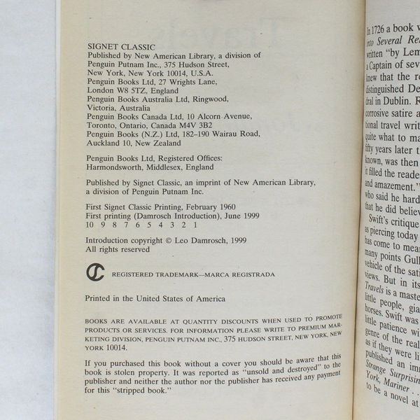 Signet Classic Gulliver's Travels by Jonathan Swift 1999 Paperback 