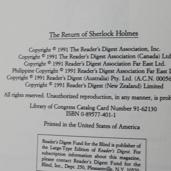 Reader's Digest The Return of Sherlock Holmes 1991 Hardcover w/ Pamphlet