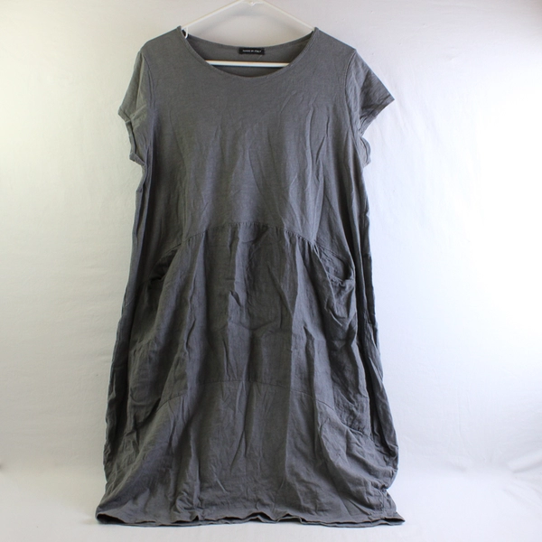 Solid Gray Short-Sleeved Knee-Length Cotton Dress with Pockets Women's XL