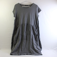 Solid Gray Short-Sleeved Knee-Length Cotton Dress with Pockets Women's XL